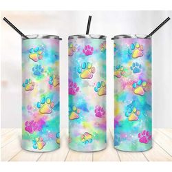 20 or 30oz skinny tumbler, dog, multicolored, pink, purple, paw print, skinny, straight, lid with straw, double walled