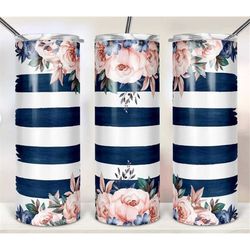 20 or 30oz skinny tumbler,  skinny, tumbler, floral print, floral, blue stripe, straight, double walled,  lid with straw