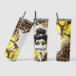 20oz leopard softball life tumbler, softball themed tumbler