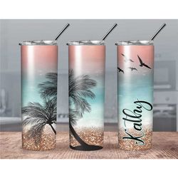 beach life personalized tumbler// sunset on the beach coffee tumbler// palm tree tumbler// personalized gift tumbler// s