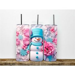 3D Snowmen With Pink Flower Stainless Steel Skinny Tumbler | 20 oz Chirstmas Tumbler | Christmas Gift tumbler