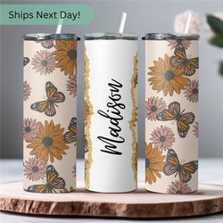 personalized boho flowers 70s with lid cup gift for her- women tumbler butterfly lover gift for auntie on her birthday -