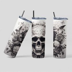 20oz stainless steel skinny tumbler, elegant floral skull insulated stanley tumbler with straw, gothic floral coffee cup