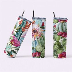 20oz stainless steel skinny tumbler, cactus & flower insulated tumbler with straw, floral travel cup, gift for her, uniq