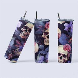 20oz stainless steel skinny tumbler, elegant custom floral skull insulated stanley tumbler with straw, gothic coffee cup