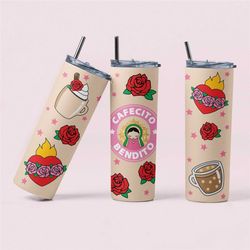 cafecito y chisme 20oz skinny coffee tumbler with straw, pan dulce, mexican gifts, coffee tumbler, gift tumbler for her,