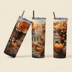 fall pumpkin tumbler, halloween skinny tumbler with straw, fall tumbler gift for women, pumpkin travel mug, autumn thank