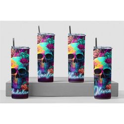 skull and skeleton tumbler, personalized halloween tumbler, gift for her, fall name tumbler, tumbler gift, colorful skul