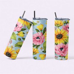 bright blooms custom 20oz tumbler, vibrant floral stainless steel cup, springtime sunflower & poppy travel mug, colorful