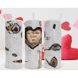 heart carved tree tumbler, love and coffee, valentine tumbler, birch tree tumbler,  20oz tumbler, full wrap, skinny tumb