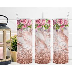 rose gold floral print tumbler, rose gold, glitter, floral tumbler, 20oz tumbler, full wrap, skinny tumbler, coffee tumb