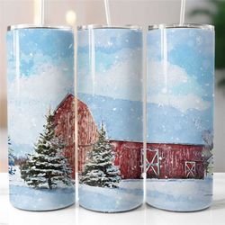 red barn christmas tumbler sublimation transfer   ready to press   christmas holiday tumbler design  winter snow tumbler