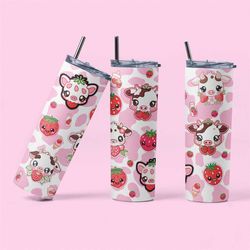 strawberry cow embroidery-style patches - 20 oz stainless steel tumbler - adorable farm chic drinkware