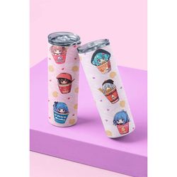 cute chibi ramen girls - handcrafted 20 oz skinny stainless steel tumbler with playful noodle design | kawaii ramen love