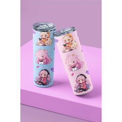 cute chibi gamer girls - handcrafted 20 oz skinny stainless steel tumbler with colorful gaming design | kawaii gamer tum