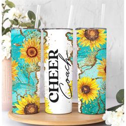 cheer coach tumbler gift, teal sunflower gold tumbler with lid and straw, cheer gifts, coach gifts for her, coach tumble