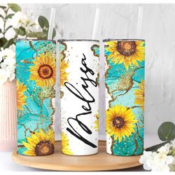 personalized sunflower tumbler, teal sunflower tumbler, sunflower tumbler gifts ,tumbler with straw, personalized teal s