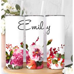 personalized floral name tumbler with straw and lid, cute custom flower tumbler, gifts for teenage girls, birthday gift