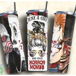 just a girl who loves horror movies  characters halloween 20oz tumbler double wall insulated travel mug cup gift for her