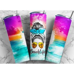 beach life mess bun sunset summer beach ocean  20 oz skinny tumbler with straw, stainless cup, travel mug, custom tumble