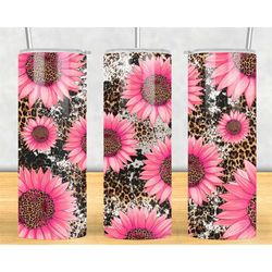 personalized sunflower tumbler - pink leopard cowhide sunflower tumbler - sunflower tumbler gifts - tumbler with straw