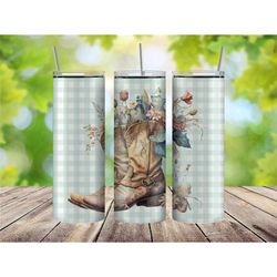 western boot tumbler cup, country gifts for women, plaid tumbler with flowers, cowgirl gifts for her, cowgirl boot tumbl