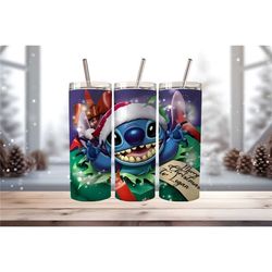 personalized tumbler with stitch bursting out of a gift! perfect christmas present name