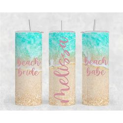 personalized beach bachelorette party tumblers, beach babe tumblers, bridesmaids tumblers, beach wedding tumblers