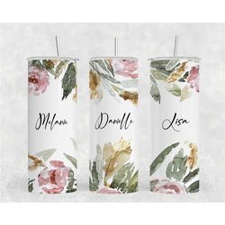 personalized skinny tumbler, 20 oz stainless steel floral skinny tumblers, bridesmaids tumblers, custom wedding party tu