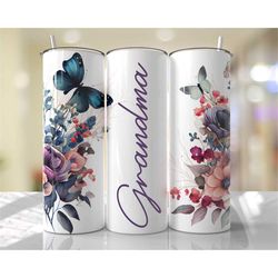 personalized grandma tumbler, personalized stainless steel floral butterfly skinny tumbler, mother's day gift, gift for