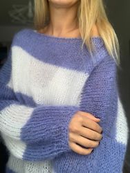 striped fluffy mohair sweater, oversized sweater, fuzzy chunky sweater, wool sweater, loose sweater, off shoulder knit