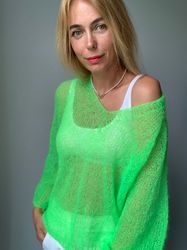 ready to ship, neon green mohair sweater, kidmohair sweater, wool sweater, mohair pullover, handknit, knitted sweater