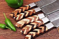 damascus steel kitchen knives set handmade chef knives set 5-pcs set with wood & steel bolster handle