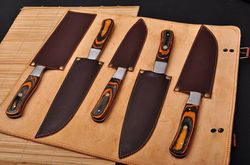 custom made/damascus chef knife set/ wood & steel on handle with leather sheath