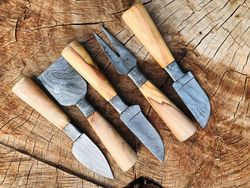 handmade damascus cheese knife set of 5 with olive wood handle knives