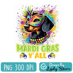 dachshund dog mardi gras y'all with beads mask colorful png