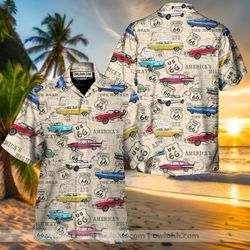 amazing vintage muscle car on route 66 hawaiian shirt