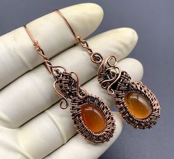 copper wire wrapped orange onyx gemstone earrings - handcrafted bohemian statement jewelry