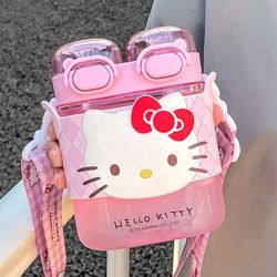 hello kitty cat water cup, portable plastic double drinking cup water bottle cute straw cup 19.27oz