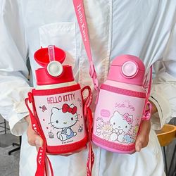 hellokitty insulated bottle with two cup lids, cute straw bottle, outdoor travel large capacity water bottle, 16.91oz