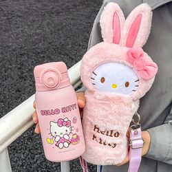 hellokitty insulated bottle, 20.29oz, cute water bottle with straw and two lids, drinking cup, dual-use with plush cup