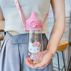 hellokitty water bottle, 16.23oz cute water bottle with straw and strap, great valentine gift