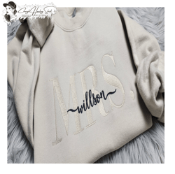 embroidered personalized mrs crewneck - add your last name - gift for her - future mrs - personalized wedding gift