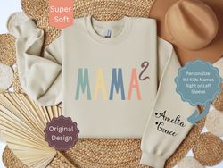 Personalized MAMA of Two Sweatshirt with Kids Names, Custom MAMA Shirt with Sleeve Print, Gift for Mom, Mother of 2 Swea