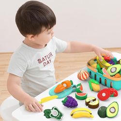 cutting play food toys for kids, pretend play kitchen accessories, fake fruits/vegetables set with shopping storage bask