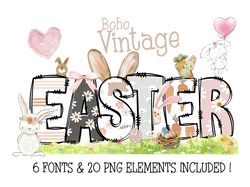 boho easter bunny alphabet png font bundle, cute rabbit alpha font, easter egg alpha, sublimation alpha set designs png,