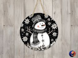 black  white snowman sign round door hanger design, christmas 12 inch sublimation design, sign round, png file, digital