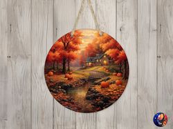 cottage  fall landscape sign round door hanger design, fall 12 inch sublimation design, sign round, png file, digital do