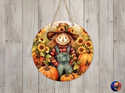 cute scarecrow  sunflowers sign round door hanger design, fall 12 inch sublimation design, sign round, png file, digital