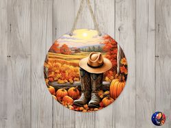 fall cowboy boots hat  pumpkins sign round door hanger design, fall 12 inch sublimation design, sign round, png file, di